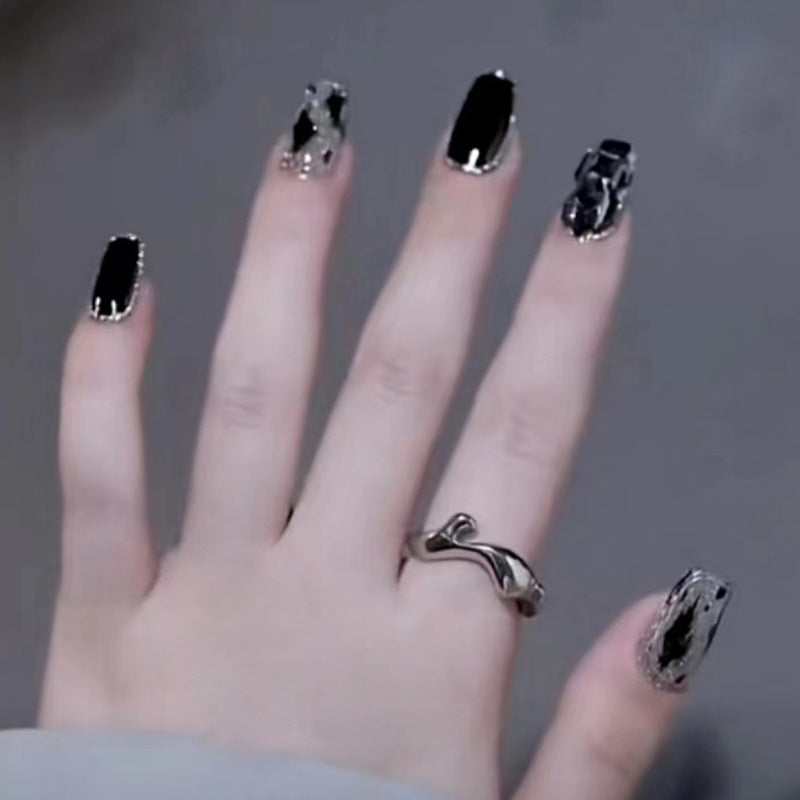 Coffin Shape, Black and Silver Glitter, Press on Nails