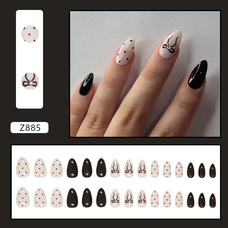 Black and White Butterfly Design, Polka Dot Pattern, Long Oval Shape, Almond Press-On Nails