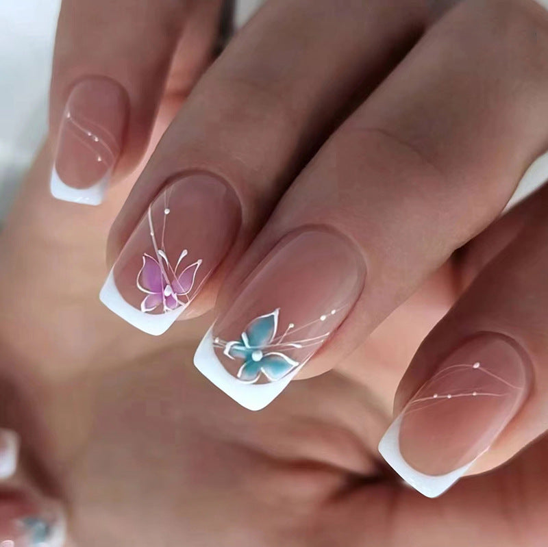 French Manicure Nail Art Set, Butterfly Design with Pink and Blue Accents, White Tips, Press on Nails