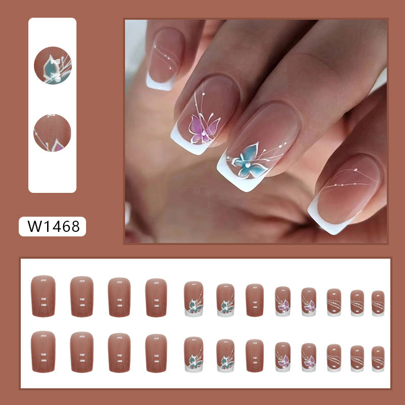 French Manicure Nail Art Set, Butterfly Design with Pink and Blue Accents, White Tips, Press on Nails