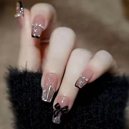 Black Bow Design, Rhinestone Accents, French Tips, Press on Nails