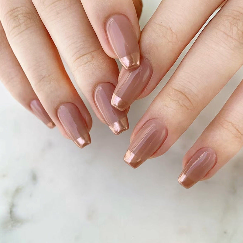 Nude Pink French Tip, Rose Gold Metallic Tips, Square Shape, Medium Length, Press-On Nails