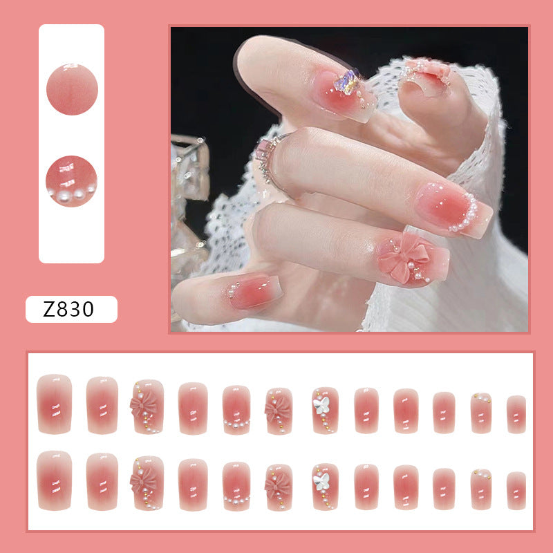 Blush Bloom Bow Square Press-On Nails – Pink Jelly Floral Rhinestone Nail Set (Set of 12)