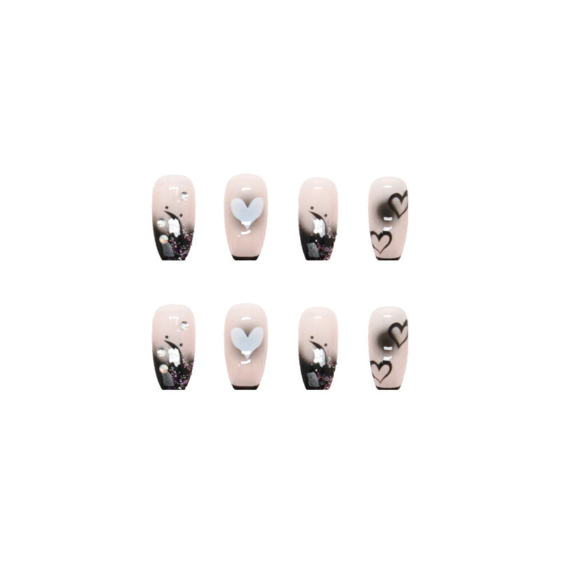 Clear Base with Heart Design, Black and White Patterns, Silver Glitter Accent, Square Tips, Press-On Nails