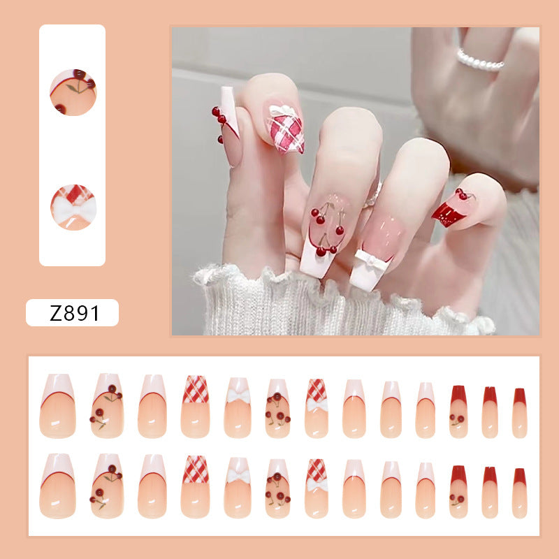 Cherry Pattern, White French Tips with Red Plaid Design, Long Coffin Shape, Press on Nails