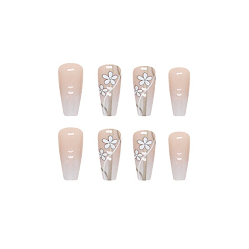 Ballerina Coffin Shape, Nude Pink with White Floral Design, 24 Pieces, Press on Nails