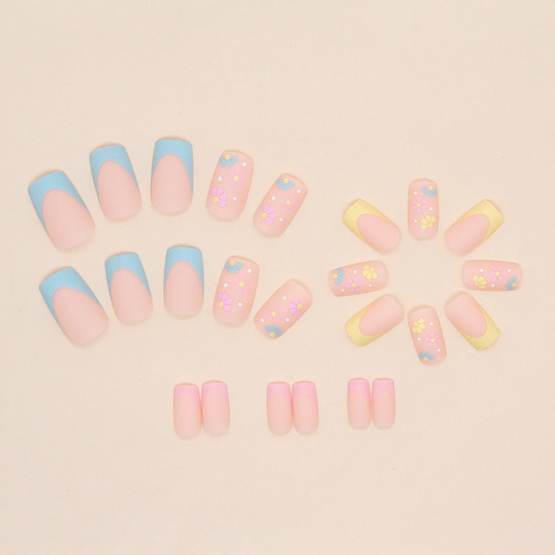 Pastel Spring Floral French Tip, Pink and Yellow Tips with 3D Flower Design, Artificial Nail Set, Press-on Nails