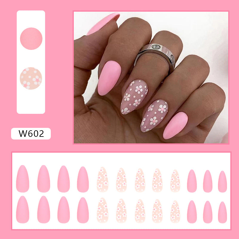 Almond Nails, Pink and Floral Design, Matte Finish, Medium Length, Press on Nails