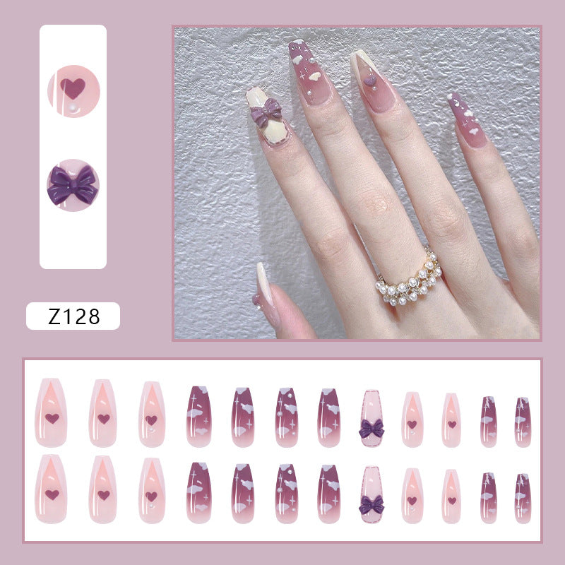 Pink and Purple Hearts Design with Bow, Ballerina Coffin Shape, Press-On Nails