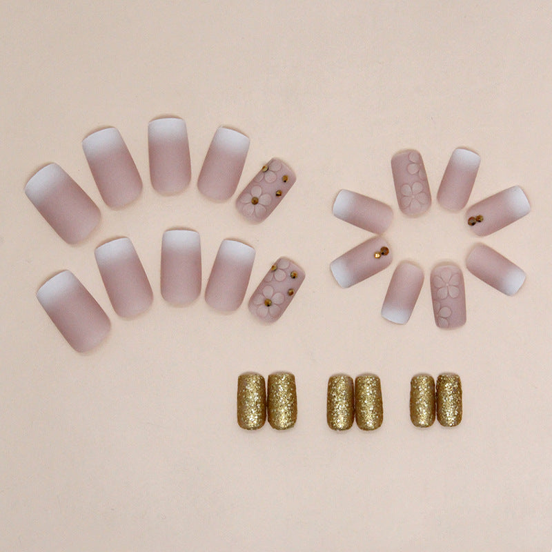 3D Flower Nail Art Set, French Ombre Pink and White Tips, Rose Gold Glitter Accents, Long Square Design, Press on Nails