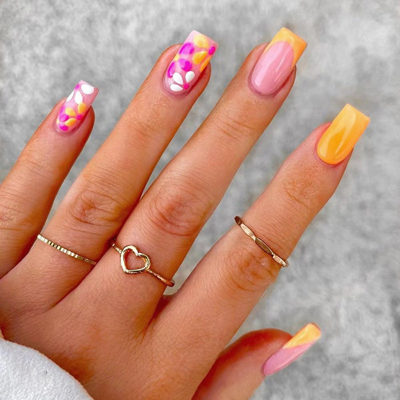 Pink and Yellow Gradient with Floral Design, 24 Pieces, Press on Nails