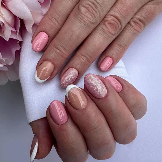 French Manicure Nail Set, Pink and Nude with Glitter Accent, Professional Finish, Press on Nails