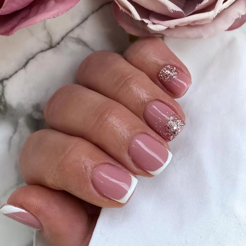French Manicure, Pink Base with White Tips and Silver Glitter Accent, Wedding Style, Press-On Nails