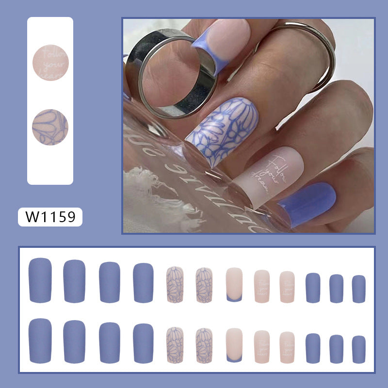 French Tip Nail Art Stickers, Blue and Pink Floral Design, Professional Manicure Set, Press on Nails