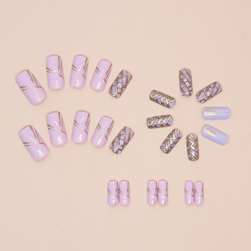 Pastel Pink & Lavender Gold Line Press-On Nails – Long Square Matte Nail Set (Set of 24)