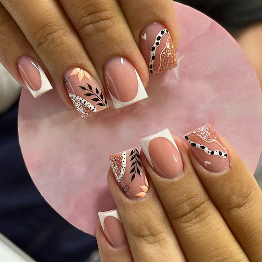 Rose Gold Glitter Design with Floral Pattern, White Tips, Professional Manicure Set, Press on Nails