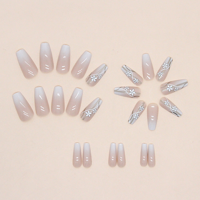 Ballerina Coffin Shape, Nude Pink with White Floral Design, 24 Pieces, Press on Nails