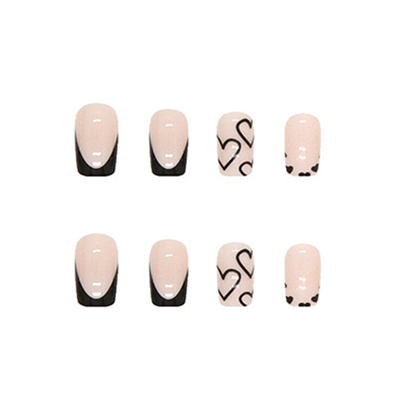 Black French Tip Heart Press-On Nails – 24 Piece Glossy Square Nail Set