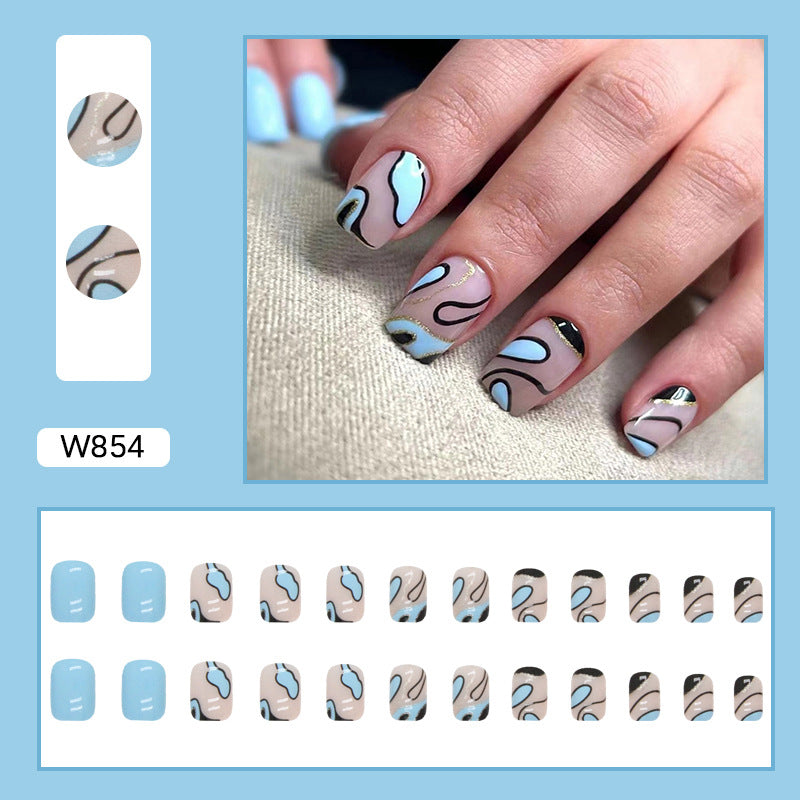 Abstract Nail Art Design, Matte Blue and Nude with Gold Accents, Modern Wave Pattern, Press on Nails