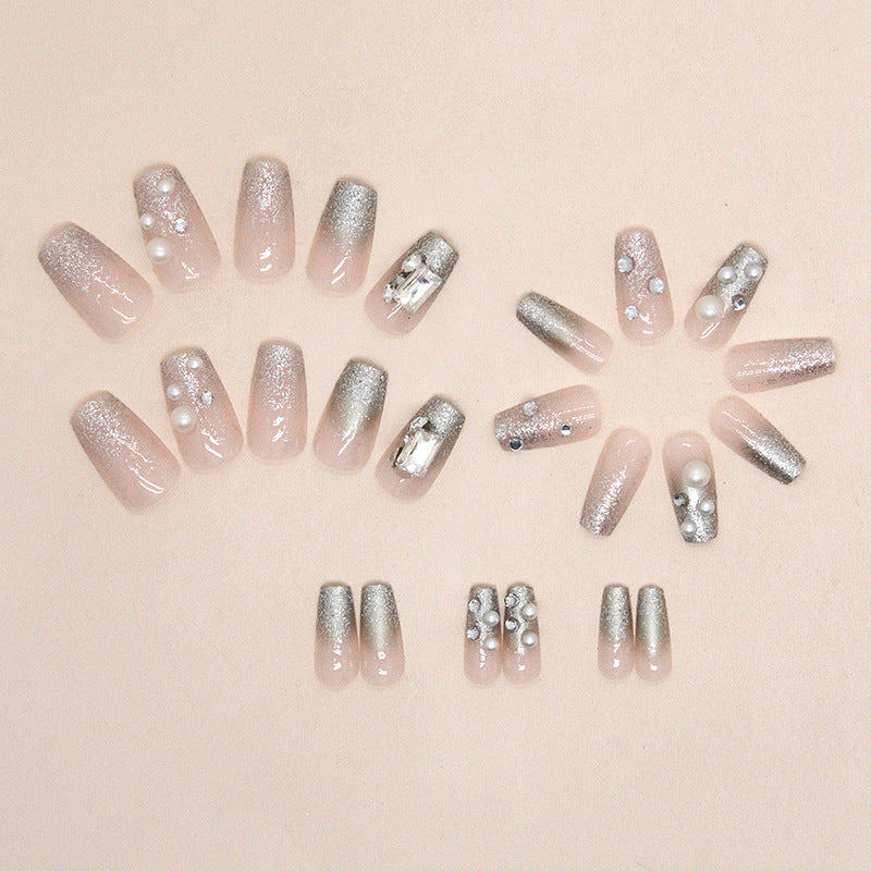Coffin Shape Press-On Nail Set – Champagne Gold Glitter Pearl Nails with Mirror Foil | Glossy Reusable False Nails (Set of !2)