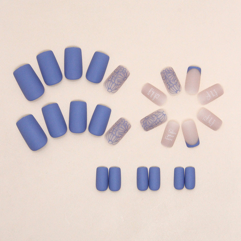 French Tip Nail Art Stickers, Blue and Pink Floral Design, Professional Manicure Set, Press on Nails