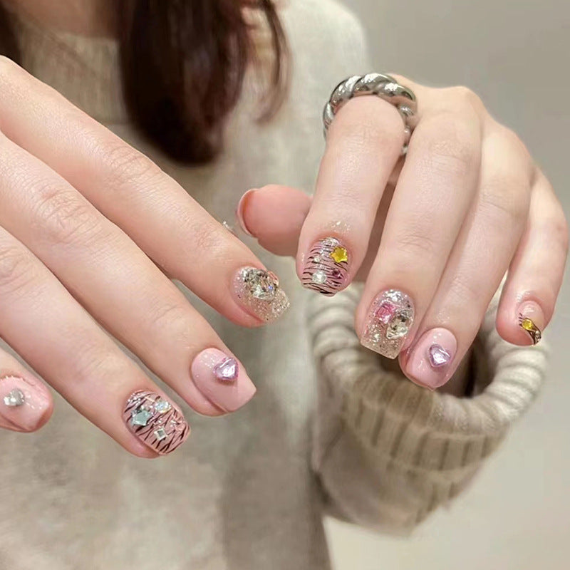 Decorative Nails, Pink Base with Glitter and Rhinestone Design, Short Length, Press-On Nails
