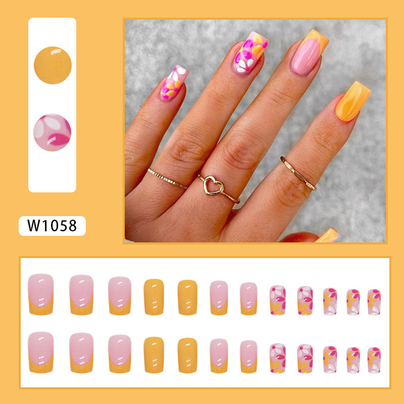 Pink and Yellow Gradient with Floral Design, 24 Pieces, Press on Nails