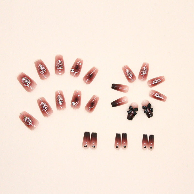 Burgundy Ombre with Black Bow Design, Rose Pattern, 12 Pieces, Press on Nails