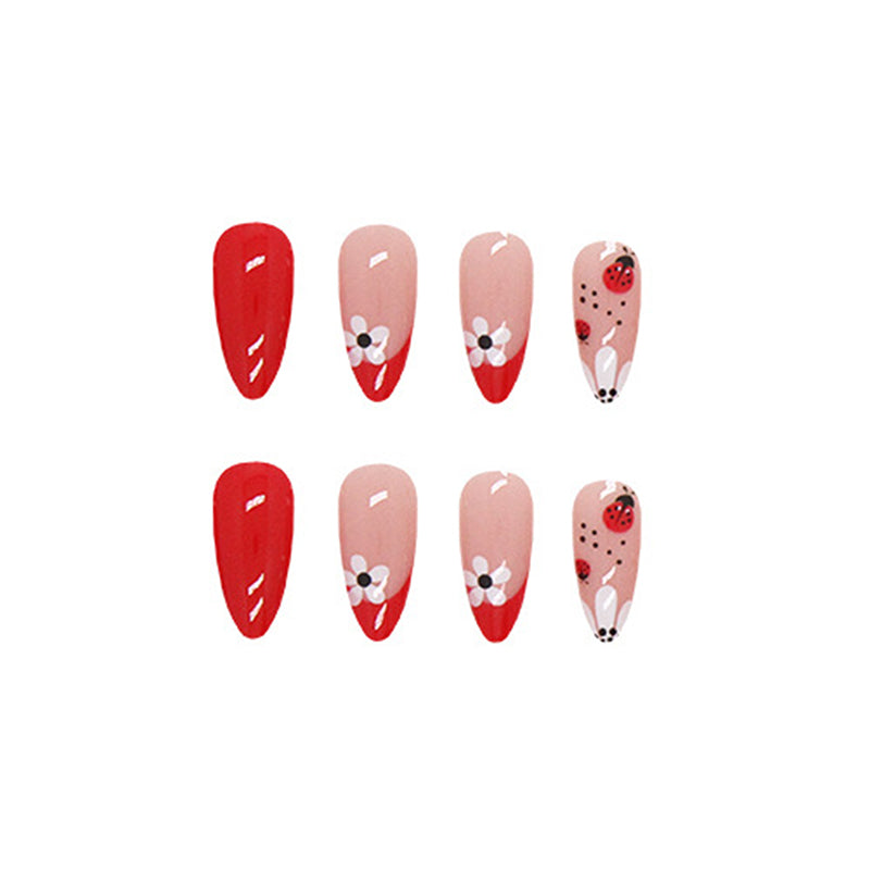 Red Floral Almond Press-On Nails – Glossy Ladybug & Daisy Spring Nail Set (Set of 24)