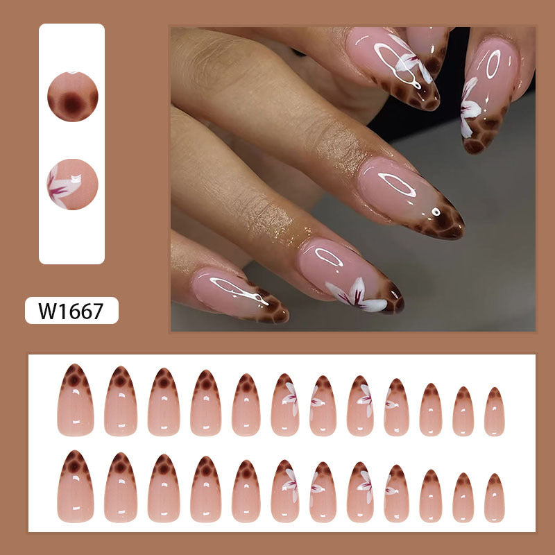 Almond French Manicure, Oval Shape, Pink Base with White Floral Design, Press-on Nails