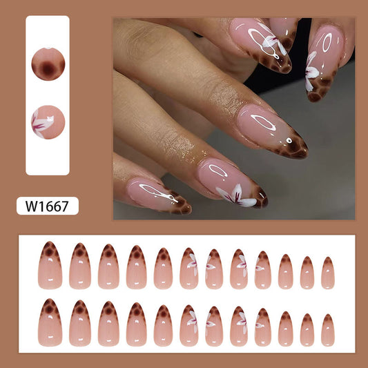 Almond French Manicure, Oval Shape, Pink Base with White Floral Design, Press-on Nails