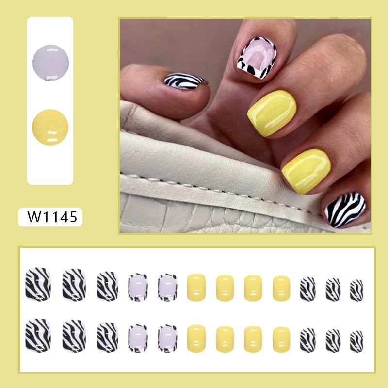 Neon Yellow Zebra Square Press-On Nails – Glossy Animal Print Nail Set (Set of 24)