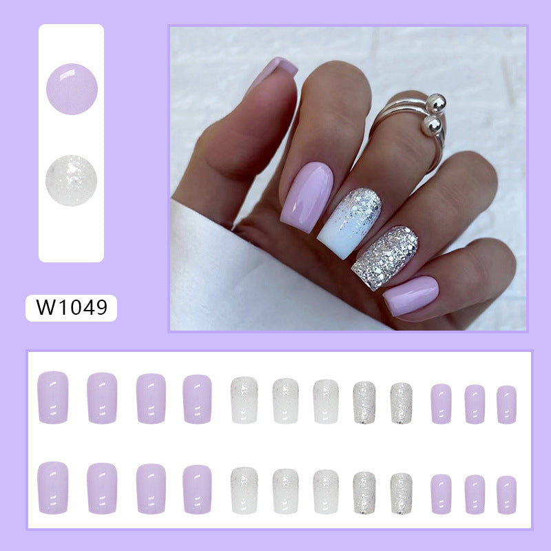 Pink and Silver Glitter Design, Square Shape, 24 Pieces, Press on Nails