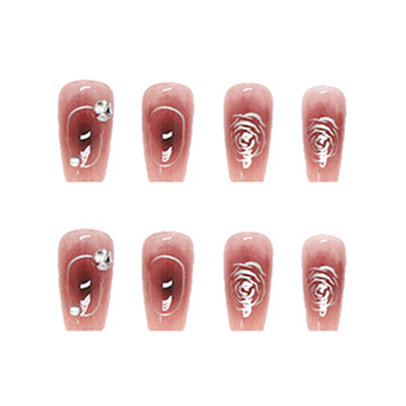 Burgundy Ombre with Black Bow Design, Rose Pattern, 12 Pieces, Press on Nails