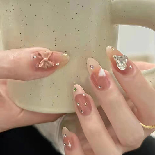 Luxury Set, Nude Pink with Crystal Rhinestones, 3D Bow Design, Almond Shape, Press-On Nails