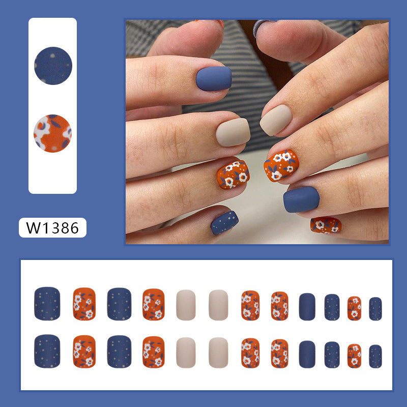 Matte Nail Art Set, Orange Floral and Navy Blue Design, Mixed Pattern Manicure, Press on Nails