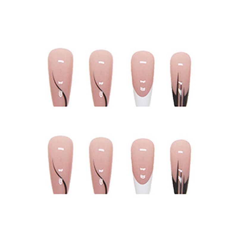 Extra Long Coffin Shape, Black and White Design, 24 Pieces, French Tip Press-On Nails