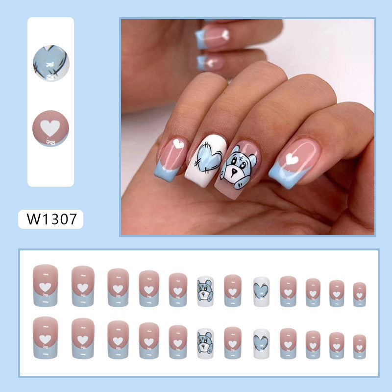 Cute Teddy Bear Nail Art Design, French Tips with Blue and Pink, Heart Pattern Manicure, Press on Nails