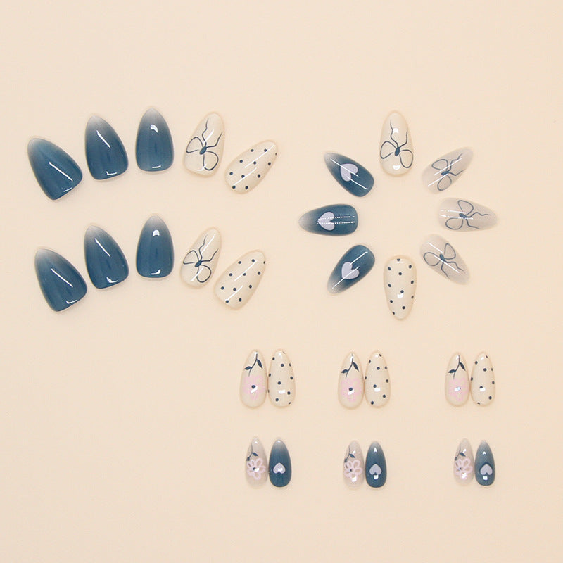 Almond and Blue Bow Design, Heart Pattern, Oval Shape, Pastel Colors, Press-On Nails