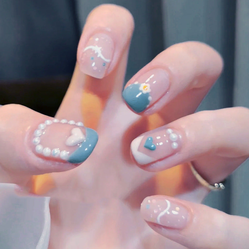 Pearl Design with Blue French Tips, Elegant Floral Pattern, Artificial Press-On Nails