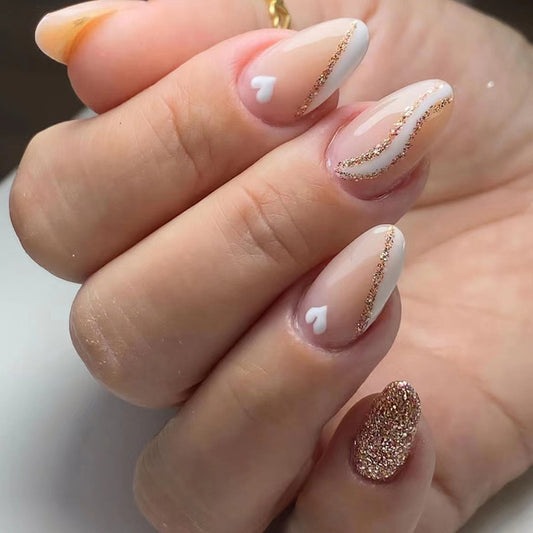 Almond Shape, Rose Gold Glitter with White Hearts Design, French Manicure Style, Press-On Nails Set