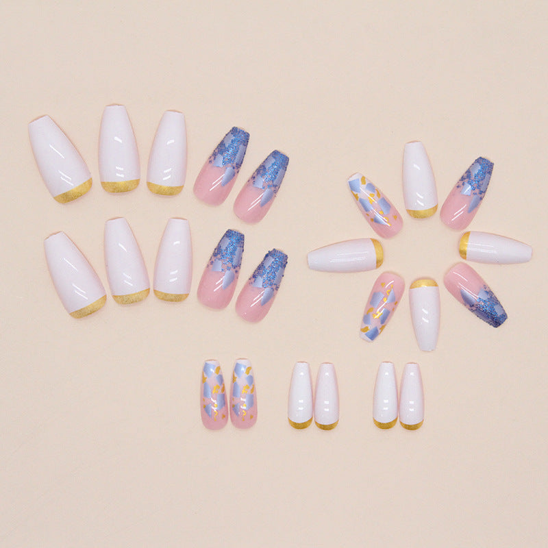Pearl White with Blue Abstract Design and Gold Foil Accents, Long Coffin Shape, Press on Nails