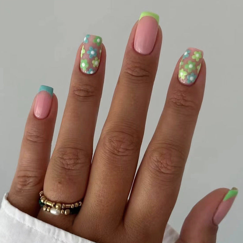 Pink with Mint Green French Tips and Floral Pattern, 24 Pieces, Press on Nails