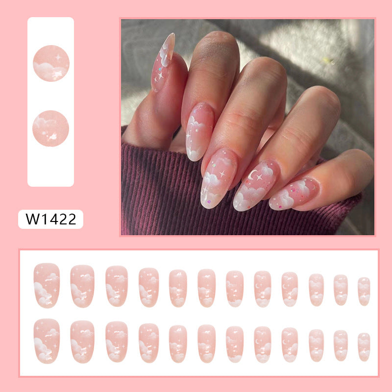 Cloud and Stars Design, Almond Shape, Pink Gradient, 24 Pieces, Press-On Nails