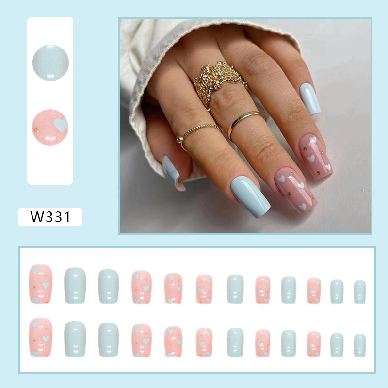 Pink and Blue Heart Pattern, 24 Pieces, Artificial Press-On Nails