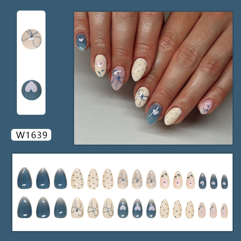 Almond and Blue Bow Design, Heart Pattern, Oval Shape, Pastel Colors, Press-On Nails