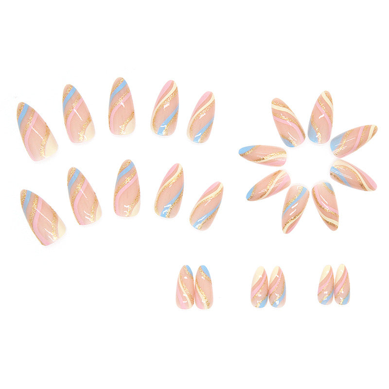 Pink with Blue and Gold Stripe Design, 24 Pieces, Artificial Press-On Nails