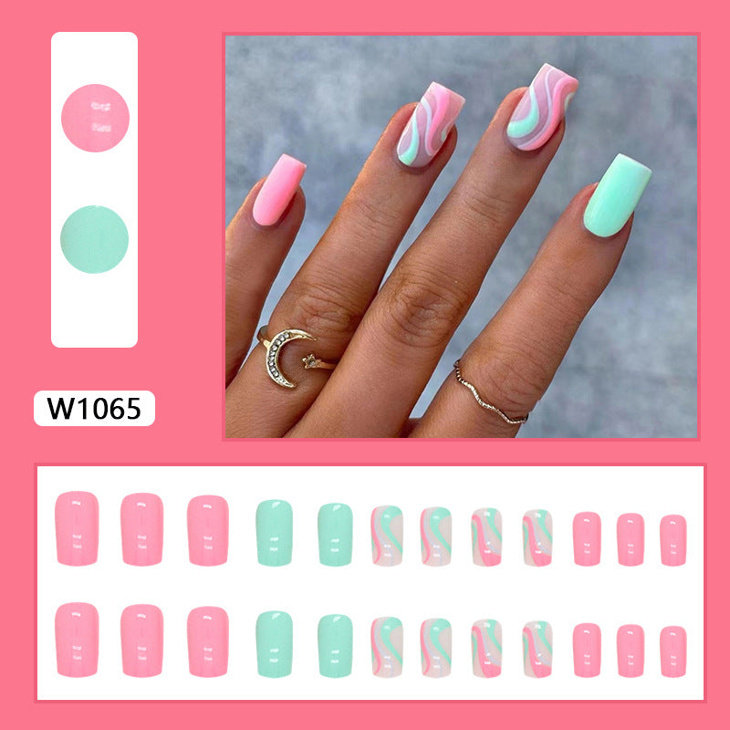 Pink and Mint Green, Marble Wave Design, Artificial Press-On Nails