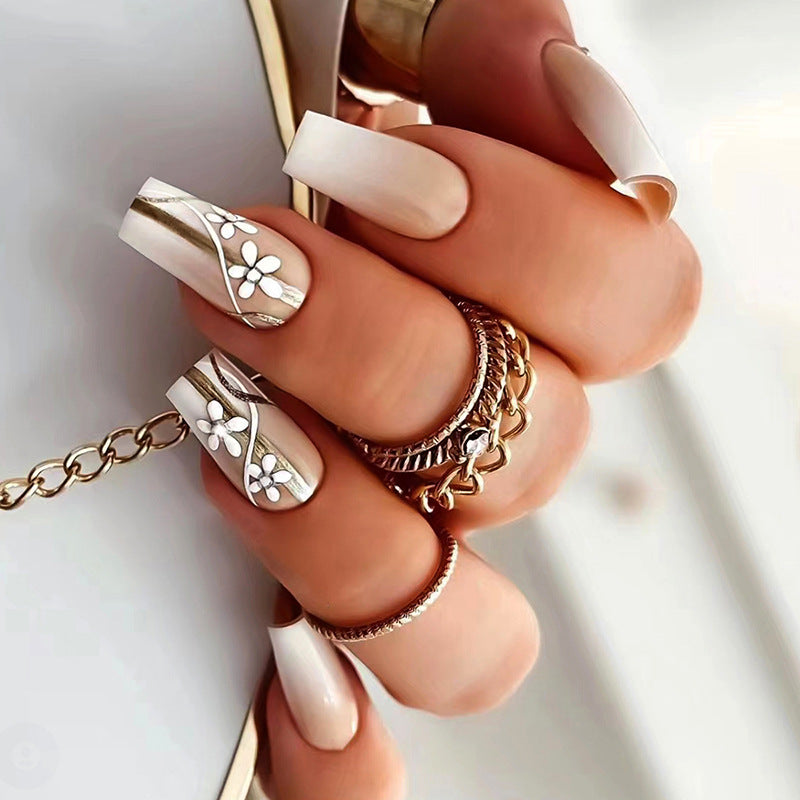 Ballerina Coffin Shape, Nude Pink with White Floral Design, 24 Pieces, Press on Nails