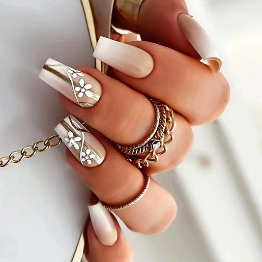 Ballerina Coffin Shape, Nude Pink with White Floral Design, 24 Pieces, Press on Nails